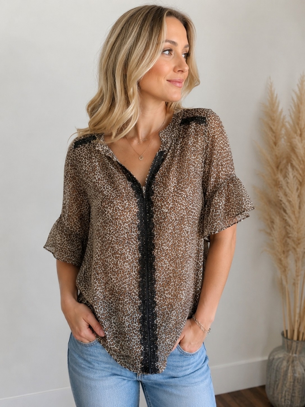 Everleigh Leopard Print Sheer Blouse Size M Brown Black Lace Trim